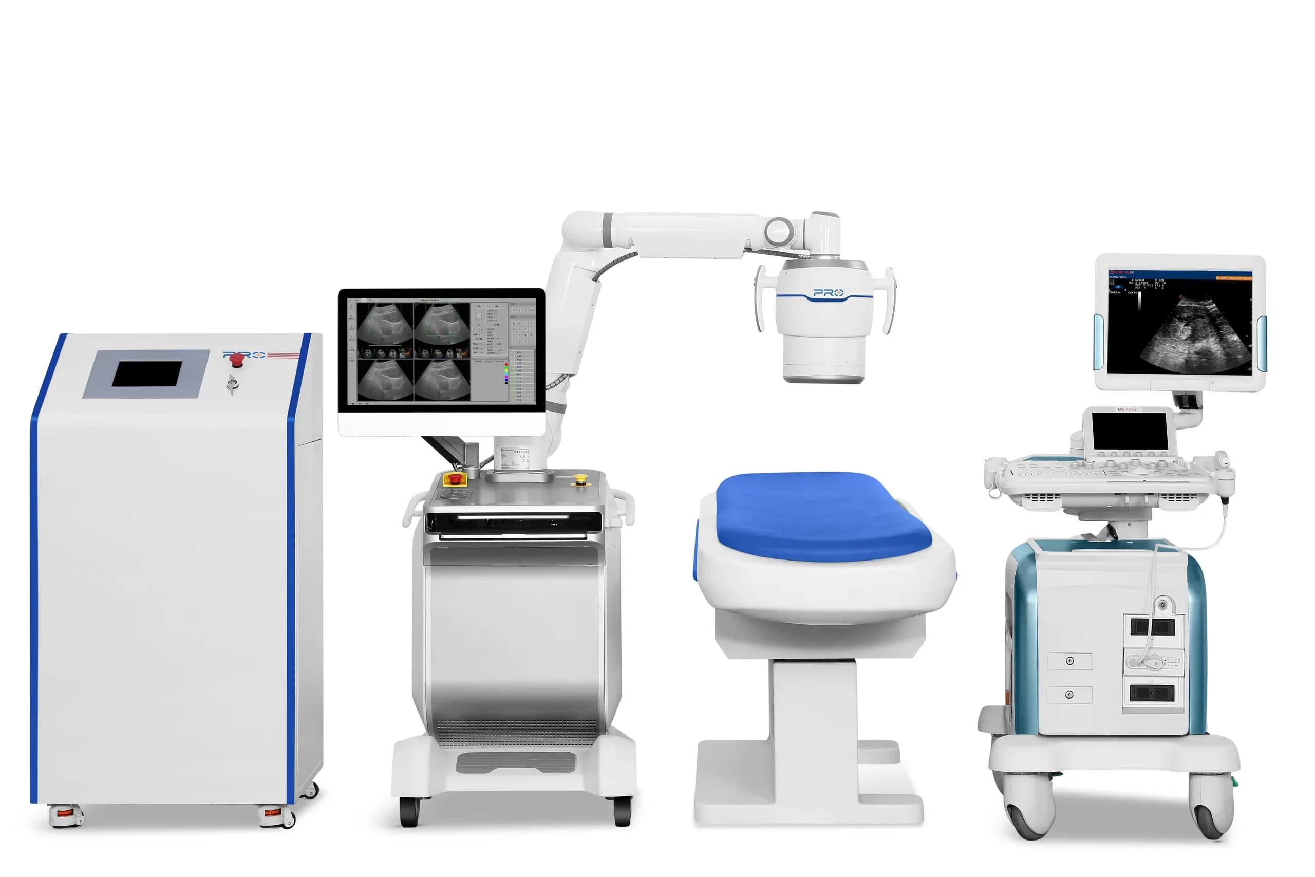 PRO300 robotik odaklanmış ultrason tedavi sisteminin tamamı beyaz zeminde: soldan sağa güç ünitesi kabini, ultrason görüntülerinin göründüğü planlama konsolu, tedavi başlığını taşıyan robotik kol, tedavi masası ve ultrason görüntüleme cihazı